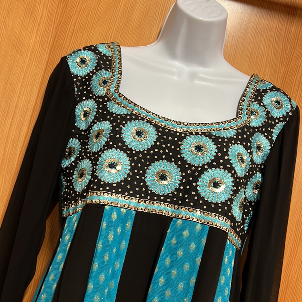 Armapali Indian Design Teal, Black Below the Knee Long Sleeve Small Tunic Dress